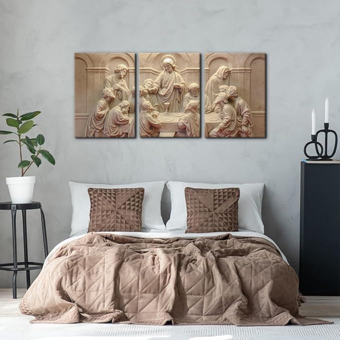 3 Pieces Canvas Wall Art Picture The Last Supper Sculpture Style Paintings on Canvas 12 Apostles Modern Artwork for Home Decor Framed Gallery-wrapped Stretched Ready to Hang - 20"x28"x3 Panels