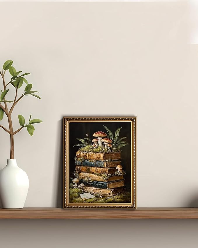 WZGZXU Vintage Gold Framed Wall Art Botanical Wall Decor Dark Academia Canvas Art Cottagecore Stack Books Pictures Gothic Prints Moody Paintings For Bedroom Study Room Library 8x10in