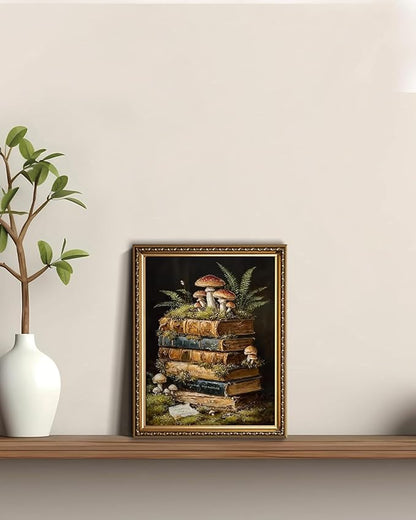 WZGZXU Vintage Gold Framed Wall Art Botanical Wall Decor Dark Academia Canvas Art Cottagecore Stack Books Pictures Gothic Prints Moody Paintings For Bedroom Study Room Library 8x10in