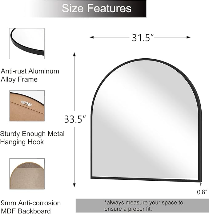 Wall Mounted Mirror, Arched Wall Mirror for Bathroom, 33"x31" Arch Bathroom Mirror with Metal Frame, Black Vanity Mirror Decor for Mantle, Bedroom, Entryway