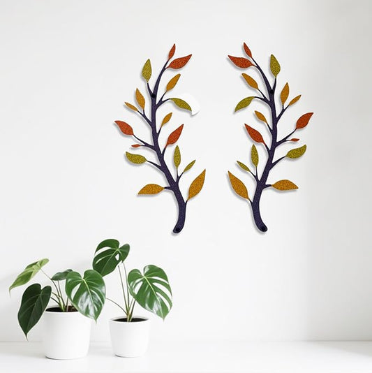 Yuzhuo 2 Pieces Metal Tree Leaf Wall Decor Branch Leaf Wall Art for Home Bedroom Living Room Iron Scroll Above The Bed Decorations (Yellow Orange, L)