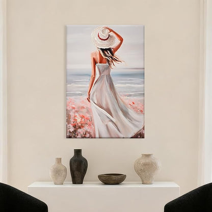 Poemwish Floral Woman Wall Art, Vintage Coastal Oil Painting with Red Hat & White Dress, Oil Texture Paintings Wall Decor in Soft Blue Tones, Impressionist Beach Scene with Pink Flowers