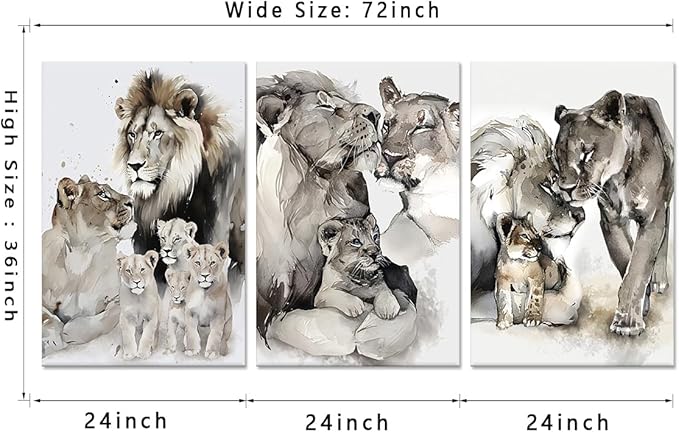 Large Wall Art Lion Family Pictures Wall Decor Artwork 3 Pieces Wild Animal Portrait Posters Watercolor Style Lion Prints for Living Room Office Decor Framed, 24"x36"x3