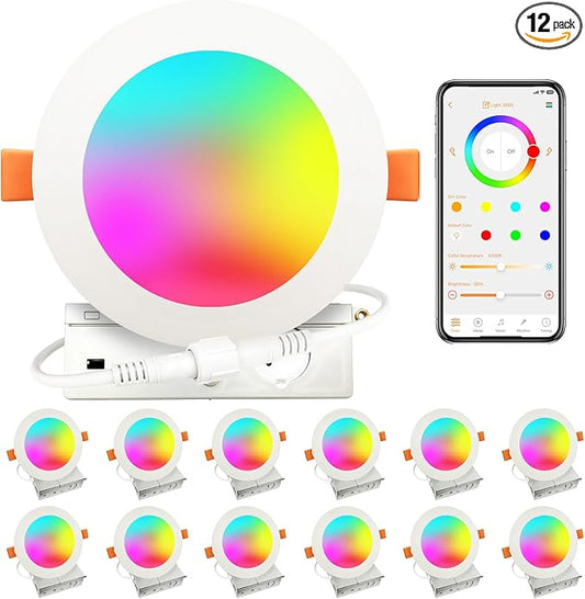 MELPO Smart Recessed Lighting 4 Inch Work with Alexa & Siri，12W 1100LM Recessed Ceiling Light 2700K-5700K，16 Million Colors，Music Sync, DIY Scenes, DIY Flash, LED Downlight with Junction Box，12 Pack