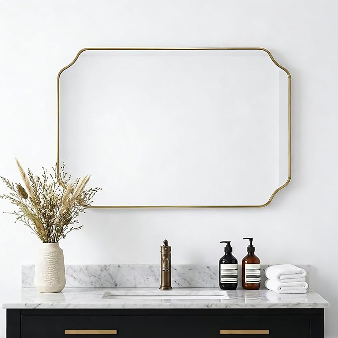 Gold Wall Mirror 36"x24", Scalloped Edge Vanity Mirror - Hangs Vertically/Horizontally Decorative Bathroom Mirror for Vanity, Bedroom & Entryway, Aesthetic Bathroom Decor