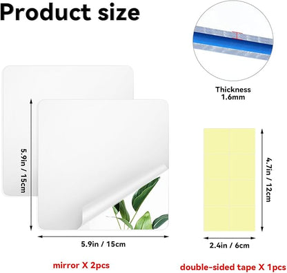 yuntop 2 Pack Self Adhesive Acrylic Mirror, 2MM Flexible Plastic Mirror, Shatterproof PS Frameless Wall Mirror for Bathroom Vanity and Entryway (6 x 6 inch)