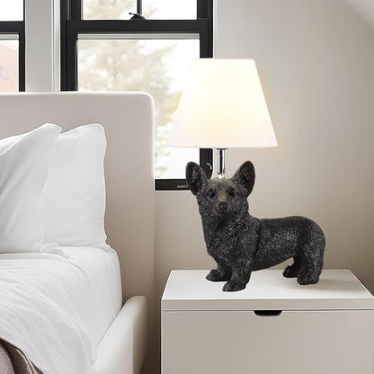 Black Corgi Table Lamp Modern Resin Puppy Desk Lamp Aesthetic Linen Bedside Lamp for Night Stands Living Room Bedroom Corner Kid’s Room Decor