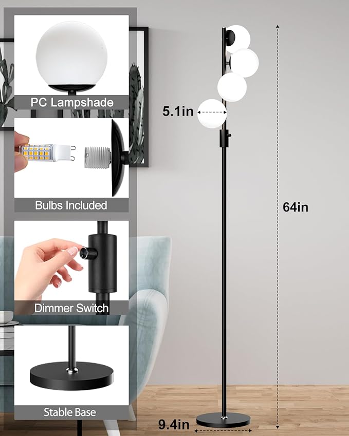 Lightdot 64IN Dimmable Globe Floor Lamp, Black Standing Lamps with 4PCS 3000K Bulbs Included, Mid Century Modern Floor Lamp with 5Lbs Heavy Base for Living Room/Sofa Beside/Corner Decor