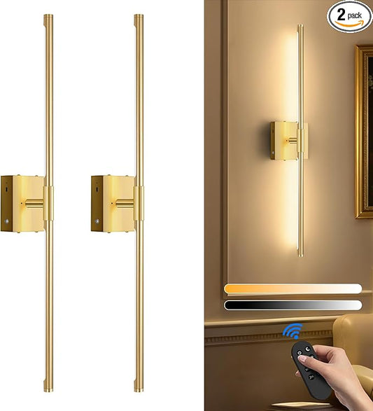 SAIMAND Wireless Sconces Set of 2 Battery Operated,8000mAh USB Rechargeable Wall Light with Remote Control,3000K-6000K LED Dimmable Wall Lamp for Living Room, Hallway, Bedroom (Gold)