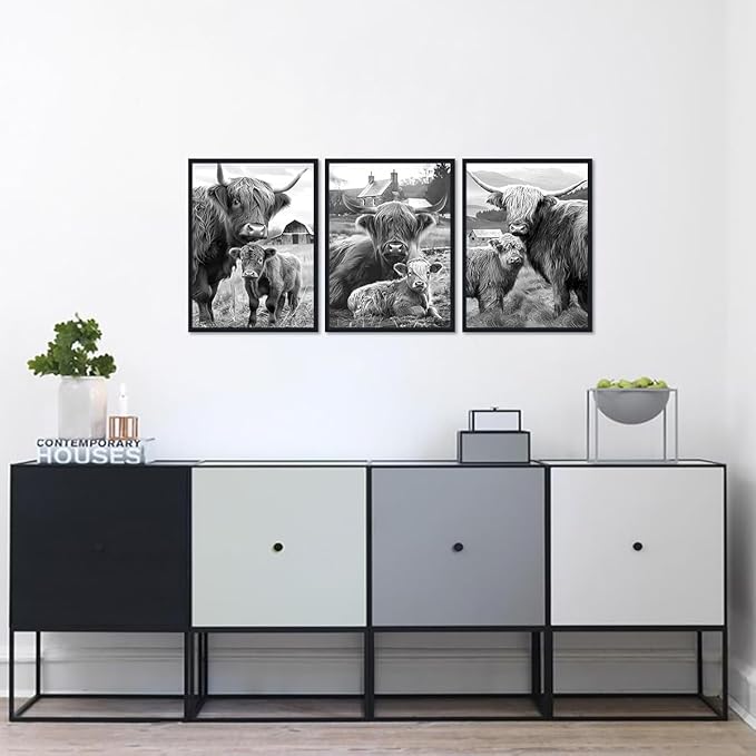 Western Cow 3 Piece Framed Wall Art for Living Room Vintage Black and White Farmhouse Canvas Poster Rustic Highland Cow Wall Decor for Kitchen Country House Decor Easy to Hand 12x16inchx3pcs