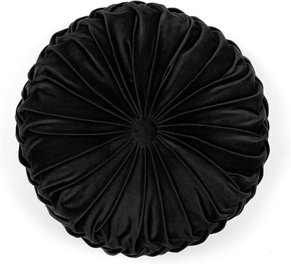 Lush Decor Round Pleated Soft Velvet Decorative Throw Pillow, 1 Count, 15" Diameter, Black - Plush Round Pillow, Seat Cushion, Decorative Pillows For Bed, Couch, Or Chair