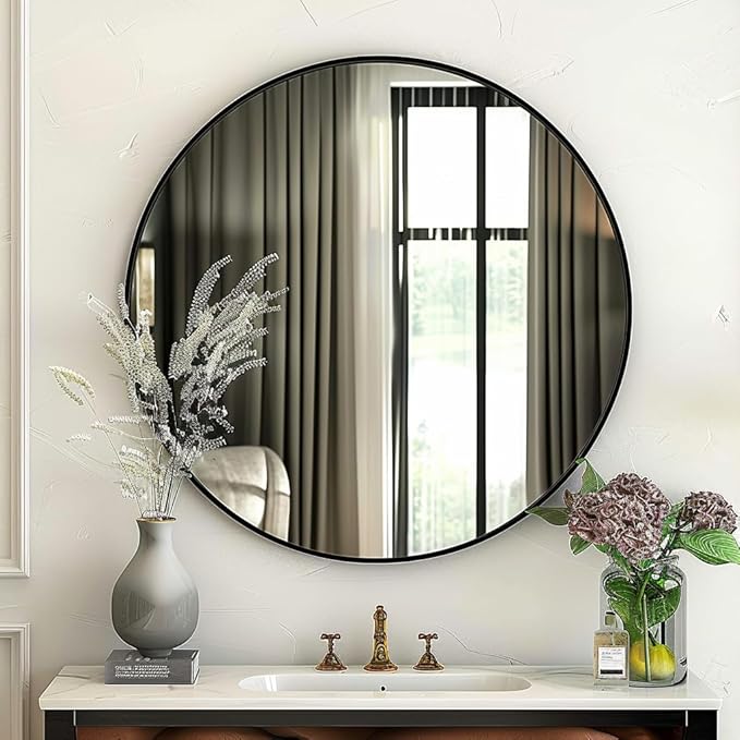 Mirror 18 inch, Round Wall Mirrors, Black Circle Mirror, Round Mirrors for Wall, Living Room, Bathroom, Hallway.