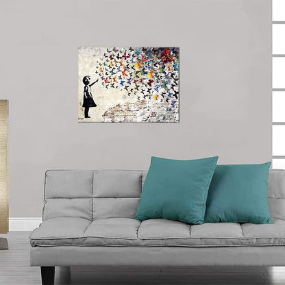 Graffiti Street Wall Art Banksy Painting Artwork Framed Girl with Butterfly Wall Decor Canvas Prints Street Art Picture for Kid Room Bedroom Ready to Hang 18" Wx24 H