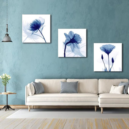 Wieco Art Blue Abstract Flowers 3 Panels Canvas Prints Wall Art Modern Pictures Artwork for Living Room Bedroom and Home Decorations