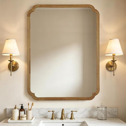 WallBeyond 30" x 48" Wood Bathroom Mirror for Wall Mounted, Rustic Rounded Corner Wood Frame Wall Mirror for Entryway, Living Room or Bedroom Home Decorative, Natural