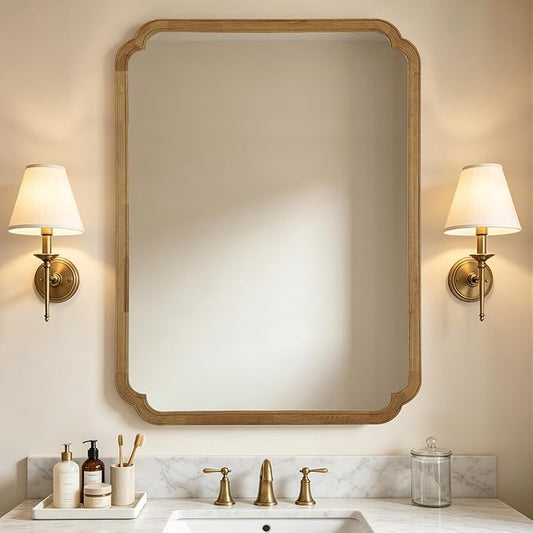 WallBeyond 30" x 48" Wood Bathroom Mirror for Wall Mounted, Rustic Rounded Corner Wood Frame Wall Mirror for Entryway, Living Room or Bedroom Home Decorative, Natural