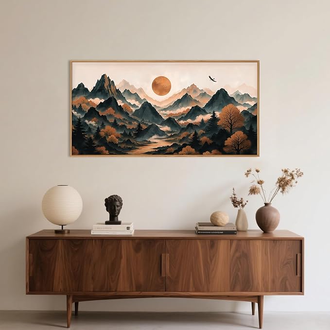 Large Boho Mountain Framed Canvas Wall Art Set,Brown Ridge Landscape Wall Decor,Pine Tree Scenery Wall Painting,Sunrise Abstract Wilderness Art Print for Living Room,Bedroom,Office - 20X40