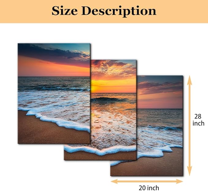 Pacimo 3 Pieces Wall Art Decor Beach Canvas Print Picture Sunrise Ocean Waves Scenery Painting Artwork for Office Wall Decor Home Decoration Stretched and Framed Ready to Hang - 20"x28"x3 Panels