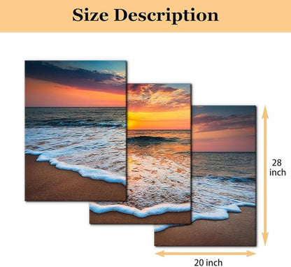 Pacimo 3 Pieces Wall Art Decor Beach Canvas Print Picture Sunrise Ocean Waves Scenery Painting Artwork for Office Wall Decor Home Decoration Stretched and Framed Ready to Hang - 20"x28"x3 Panels