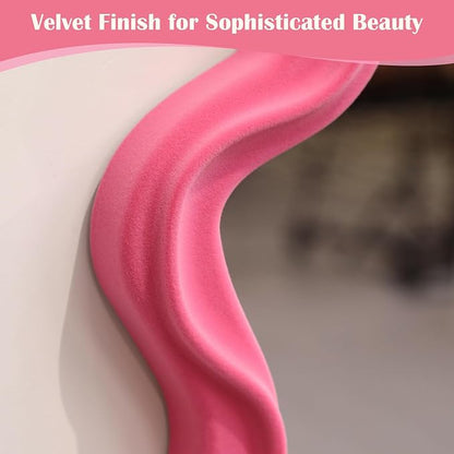 Wavy Mirror Wall Decor for Living Room, Asymmetrical Wall Mounted Mirror for Girly Bedroom Decoration, Velvet Touch Decorative Tray Home Accent for Dining Room Kitchen (Pink)
