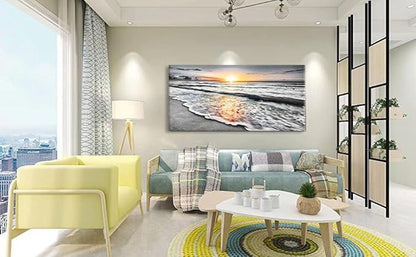 Bamdeya Large Size Wall Art Bedroom Black white Beach Wall Art Sunset Ocean Picture Painting Sea Decor Poster Office Artwork Living Room Decor Kitchen Prints Art Framed Canvas Decorations 24x48