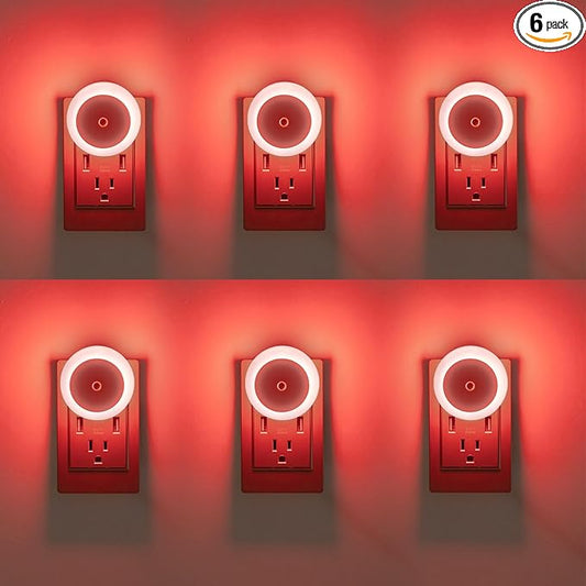 KINUR 6 Pack Red LED Plug into Wall with Dusk to Dawn sensors Plug in Night Lights for Kids Room, Bedroom, Bathroom, Stair Lights, Hallway Light