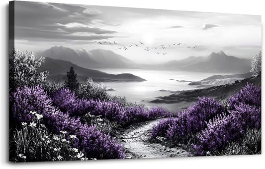 KELIYUAN Black And White Home Decoration Canvas Wall Art For Restaurant Natural Landscape Painting Printing Landscape Purple Grass Picture Suitable For Living Room Bedroom Office Wall Decor 20x40In