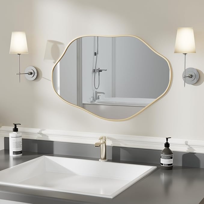 24"x36" Irregular Wall Mirror Cloud Asymmetrical Shaped Gold Aluminum Alloy Framed Mirror for Living Room Bathroom Bedroom Entryway Fireplace