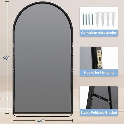 Dewfig Arched Full Length Mirror, 90"x46" Large Floor Mirror with Stand, Oversized Full Body Mirrors for Leaning or Hanging, Wall Mounted Mirrors for Bedroom, Living Room,Dressing Room, Black