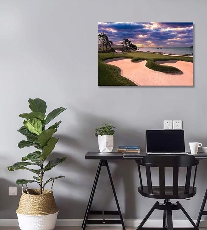 chenchenArt Pebble Beach Golf Course Wall Art for Living Room Bedroom Bathroom Home Decorations Golf Course Picture Poster Wall Decor for Office Canvas Prints Framed Ready to Hang(18''H x 24''W)