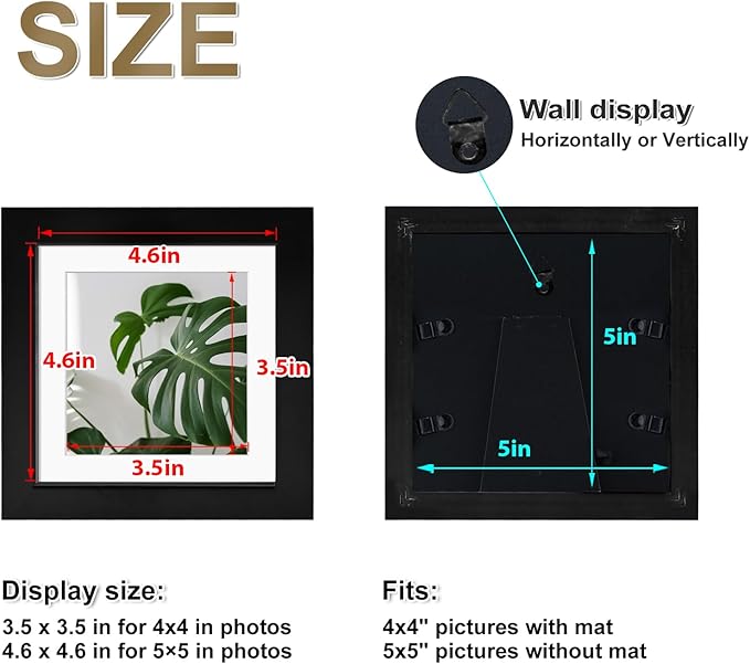 Egofine 5x5 Picture Frames Set of 4, Made of Solid Wood Covered by Plexiglass Display 4x4 with Mat or 5x5 without Mat, for Table Top Display and Wall Mounting Photo Frame, Black