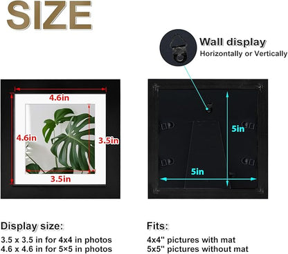 Egofine 5x5 Picture Frames Set of 4, Made of Solid Wood Covered by Plexiglass Display 4x4 with Mat or 5x5 without Mat, for Table Top Display and Wall Mounting Photo Frame, Black