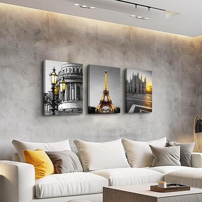Black and white Architectural landscape Canvas Wall Art for Living Room kitchen Wall Artworks Bedroom Decoration, 3 Piece framed bathroom Home Wall decor posters Yellow Eiffel Tower wall painting