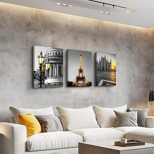 Black and white Architectural landscape Canvas Wall Art for Living Room kitchen Wall Artworks Bedroom Decoration, 3 Piece framed bathroom Home Wall decor posters Yellow Eiffel Tower wall painting