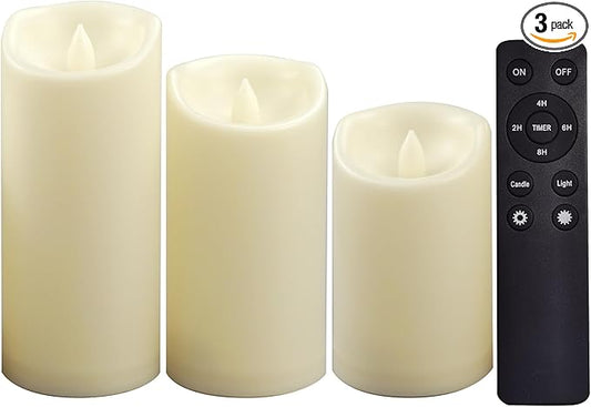 CANDLE CHOICE Outdoor Battery-Operated Flameless Candles with Remote Timer Waterproof Flickering Plastic Electric LED Pillar Lights for Lantern Patio Garden Wedding Halloween Christmas 3x5,6,7” 3 Pack