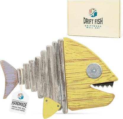 Driftwood Fish Nautical Wall Decor - Handmade Wooden Rustic Coastal Wall Art for Living Room, Bedroom, Office, Bathroom - Ocean Beach Decoration (Chomper)