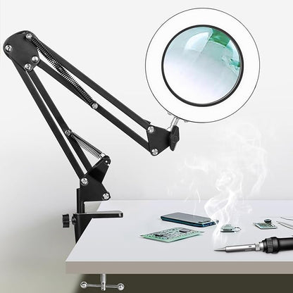 KIRKAS 10X LED Magnifying Lamp with Clamp, Real Glass Lens, 3 Color Modes and Stepless Dimmable Magnifier Desk Lamp,Adjustable Swivel Arm Lighted Magnifying Glass for Repair Craft Close Work-Black