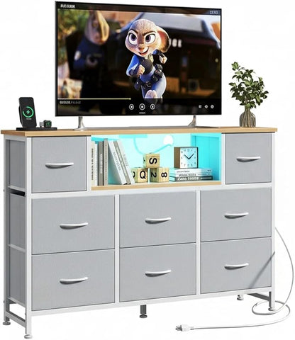 Simple Deluxe TV Stand Dresser with 8 Fabric Drawers and Open Shelves, Entertainment Center with LED Lights & Charging Station, Wood Top for 45" -55" TV, for Bedroom/Living Room/Hallway, Light Gry