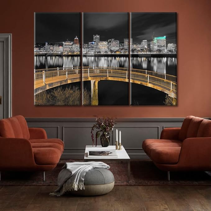 TUMOVO Ortland Oregon Downtown City Skyline Wall Art for Living Room 3 Piece Pedestrian Bridge Along Willamette River at Night Wall Decor Living Room Framed Ready to Hang (60" Wx40 H)
