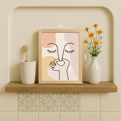 Cyebmo Boho Funny Bathroom Wall Art, Abstract Minimalist Face Line Art Wall Decor, Neutral Aesthetic Art Print, Modern Beige Poster Painting for Bedroom Living Room Wood Framed 8x10 Inch