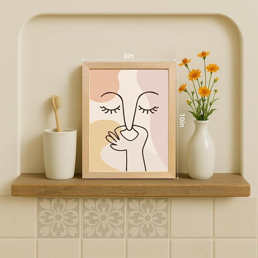 Cyebmo Boho Funny Bathroom Wall Art, Abstract Minimalist Face Line Art Wall Decor, Neutral Aesthetic Art Print, Modern Beige Poster Painting for Bedroom Living Room Wood Framed 8x10 Inch