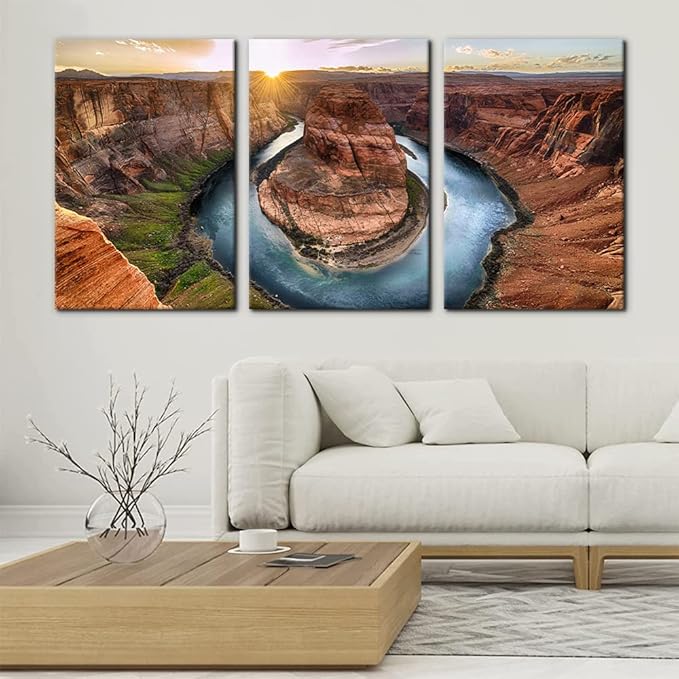 Pacimo 3 Piece Canvas Wall Art - Sunset Moment at Horseshoe Bend Colorado River Grand Canyon National Park Arizona Landscape Modern Home Art Decor Stretched and Framed Ready to Hang - 16"x24"x3 Panel