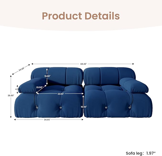 69'' Modular Sectional Sofa, Modern Luxury Velvet Loveseat Sofa, Minimalist Bubble Couch, Deep Seat Cloud Sectional Couches for Living Room, Apartment (2 Seats, Blue)