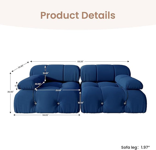 69'' Modular Sectional Sofa, Modern Luxury Velvet Loveseat Sofa, Minimalist Bubble Couch, Deep Seat Cloud Sectional Couches for Living Room, Apartment (2 Seats, Blue)