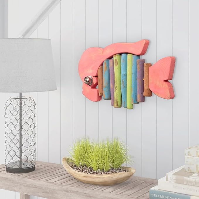 Driftwood Fish Nautical Wall Decor - Handmade Wooden Rustic Coastal Wall Art for Living Room, Bedroom, Office, Bathroom - Ocean Beach Decoration (Bumpson)