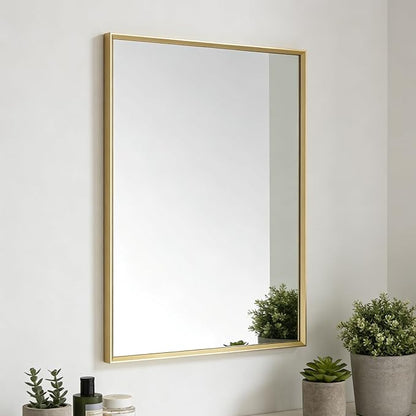 Bathroom Mirror for Wall, 16x24 Inch Metal Framed Mirror, Brushed Gold Rectangle Mirror, Bathroom Vanity Mirror Farmhouse, Tempered Glass, Anti-Rust, Hangs Horizontally or Vertically