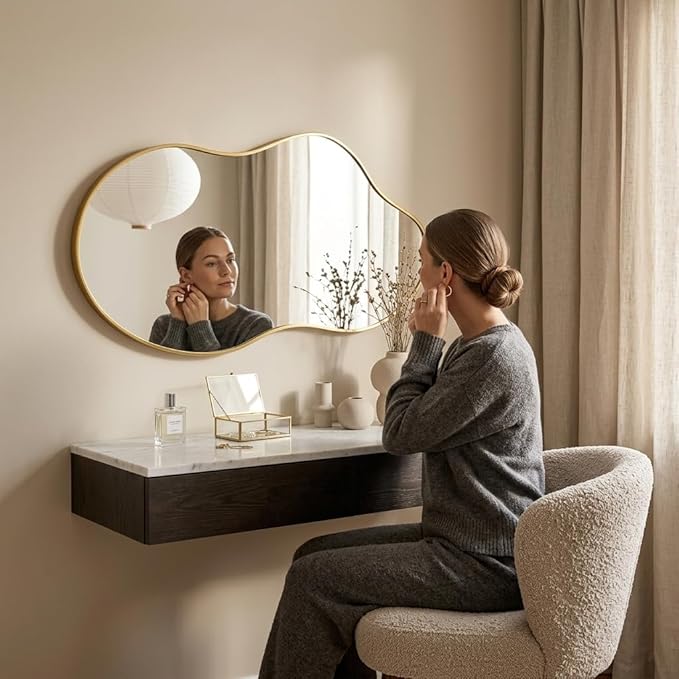 Irregular Wall Mirror 24×40 Inch Wall Mirrors Decorative Gold Modern Asymmetrical Abstract Mirror for Bathroom Bedroom Living Room Entryway Hallway
