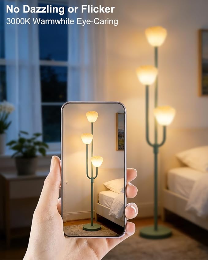 Lightdot 66IN Flower Floor Lamp 3-Lights Vintage Floor Lamps with Bulbs Included for Wedding Party Modern Dimmable Green Standing Tall Lamp with 5Lbs Heavy Base for Living Room/Bedroom/Home Decor