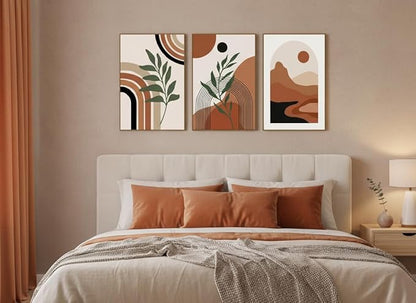SAFERRYHOME Boho Abstract Wall Art, Mid Century Bohemian Wall Decor Framed Canvas Set of 3, Modern Minimalist Artwork Botanical Painting Prints Pictures for Living Room Bedroom Bathroom, 16x24 inch