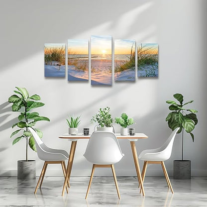 Canvas Wall Art For Living Room Large Size Wall Decor For Bedrooms Beach Grass Blue Ocean Landscape Painting Office Wall Decorations Seascape Print Canvas Pictures Artwork Home Decor Works 5 Piece